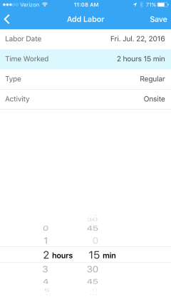 The Add Labor page, as it appears on the 360Facility Mobile App, which allows you to add a labor entry to a work request